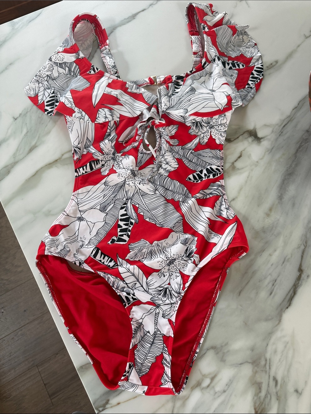 RACHEL Rachel Roy Red and White Floral Ruffle One-Piece Swimsuit with Front Tie